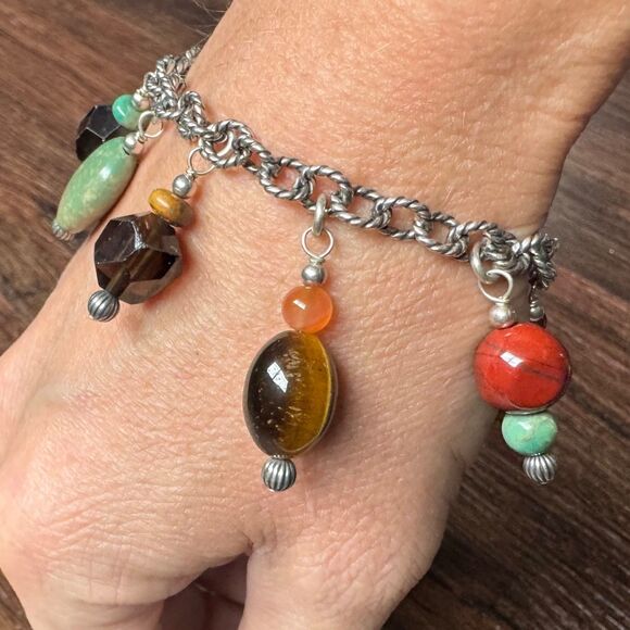 Vintage CAROLYN POLLACK Multi Gemstone Charm Bracelet Sterling Silver Turquoise - Picture 9 of 11